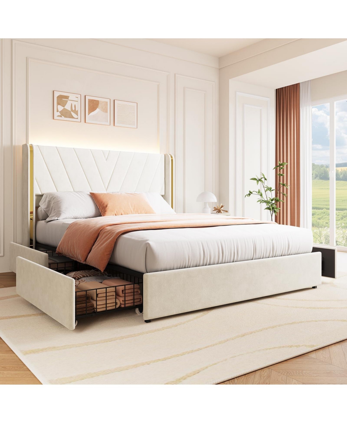 gaomon Velvet Upholstered Bed Frame with Led Lights, 4 Drawers, Wingback Headboard and Charging Station