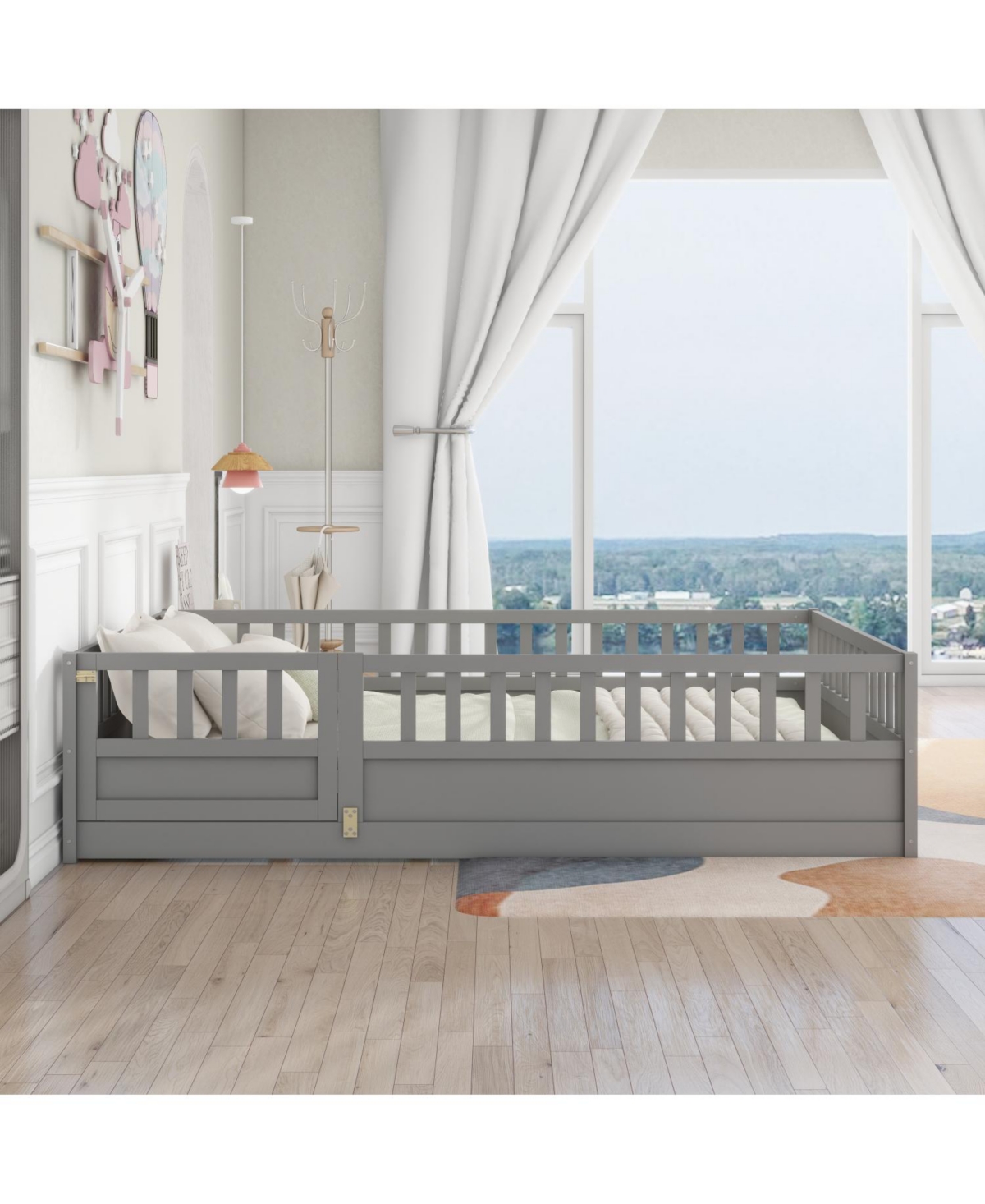 Rainsken Montessori Floor Bed, with Fence and Open Door, Children's Bed Frame