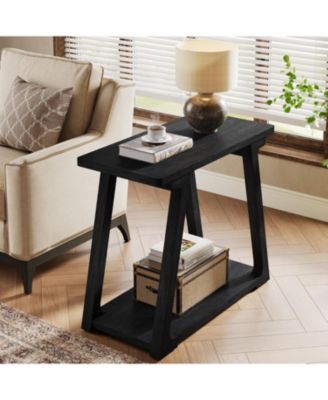 2-Tier Solid Wood End Table, Narrow Side Table, Rectangle Farmhouse Nightstand for Living Room, Bedroom, Easy Assembly