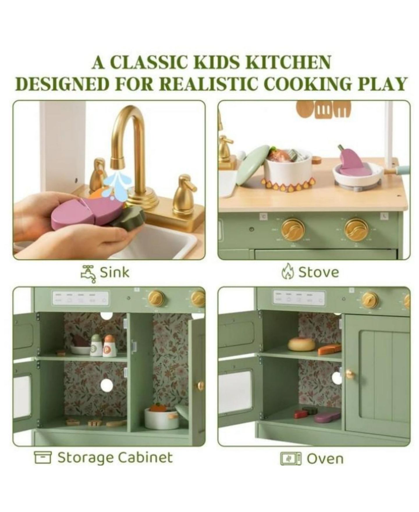 Детские игрушки Robotime Wooden Kitchen Set with Cutting Food, 12-Piece, Ages 3+, цвет: Зелёный — фото 3