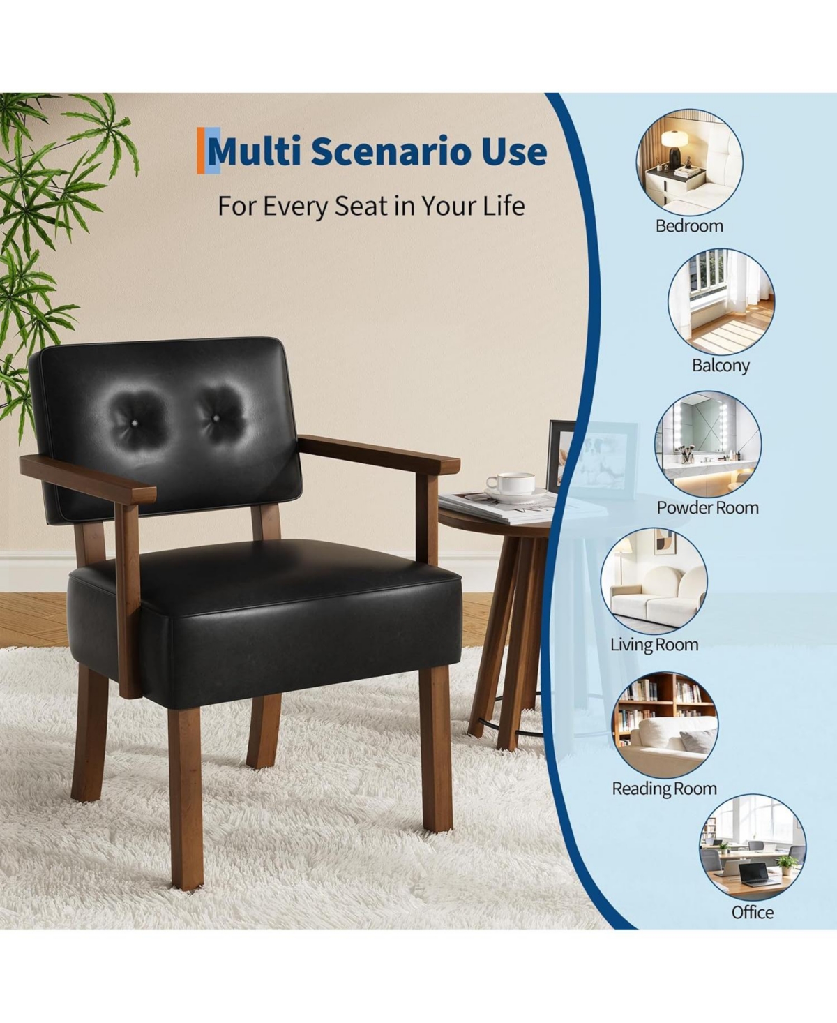 gaomon Set of 2 Mid Century Modern Accent Chairs, Black Faux Leather Armchairs with Button Tufted Back