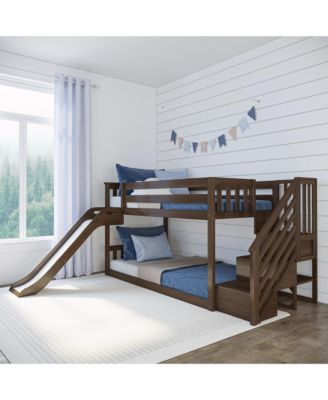 Max and Lily Twin Over Twin Low Bunk Bed with Slide and Stairs, Solid Wood Kids Platform Bed with Guardrails