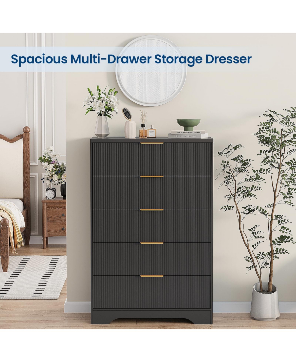 gaomon Fluted 5 Drawer Dresser for Bedroom, 47" Tall Wood Chest with Gold Handles Storage Cabinet