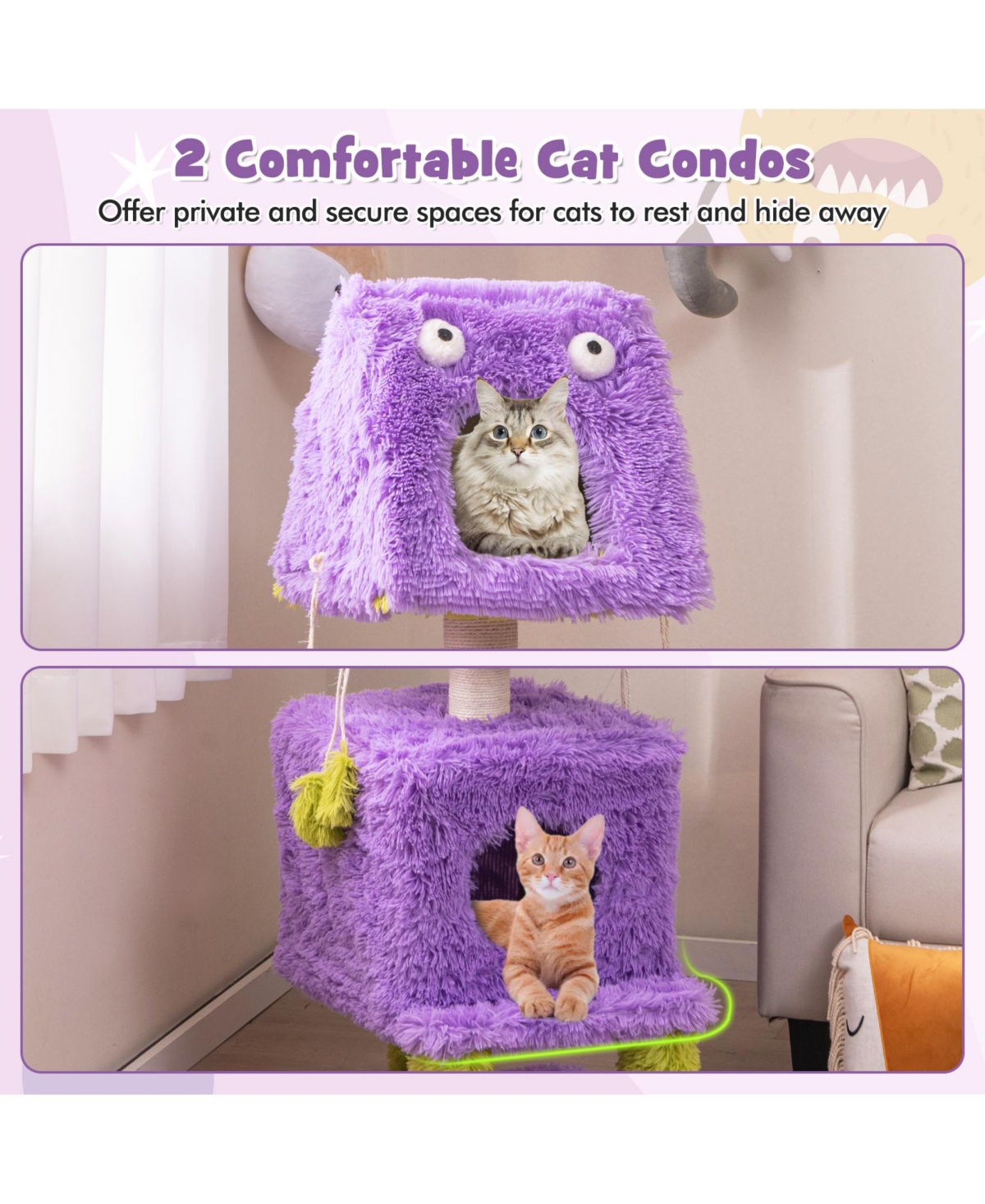 Cozito Cat Tower Monster-Themed with 2 Condos for Small Spaces