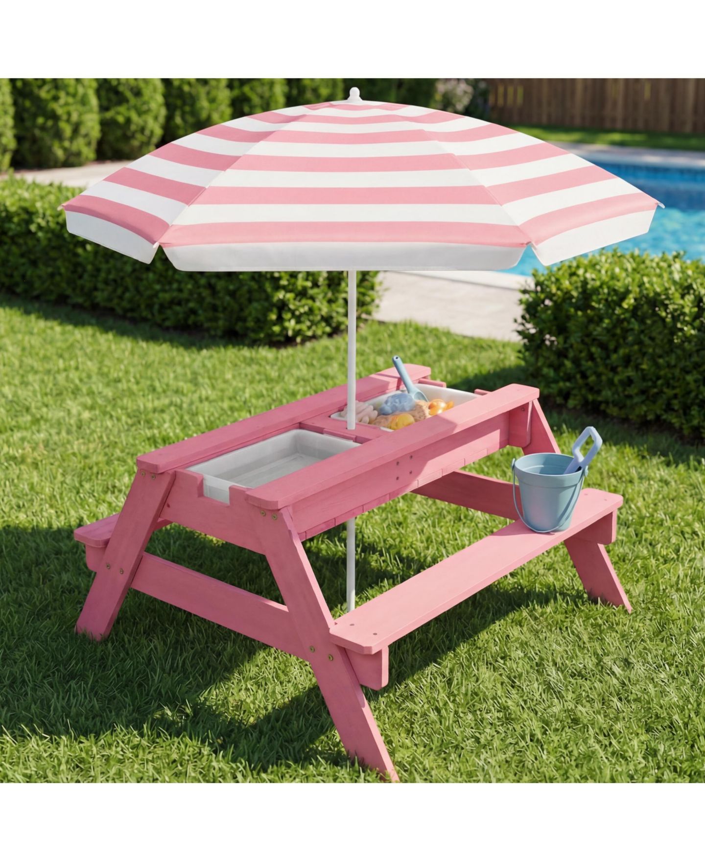 Детская игрушка Best Choice Products 3-in-1 Convertible Hemlock Picnic Table with Adjustable Umbrella, Seats 4, Ages 3+, цвет: Розовый — фото 3