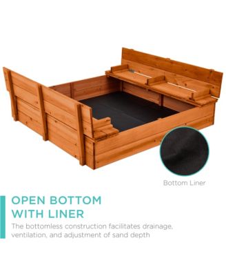 47x47-Inch Kids Wooden Outdoor Sandbox w/ 2 Foldable Bench Seats, Sand Protection, Liner