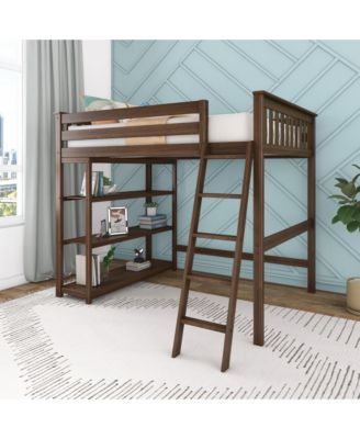 Full Size High Loft Bed with Ladder and Bookcase, Solid Wood Frame, Space Saving, 400 lbs Weight Capacity, Easy Assembly, Pecan