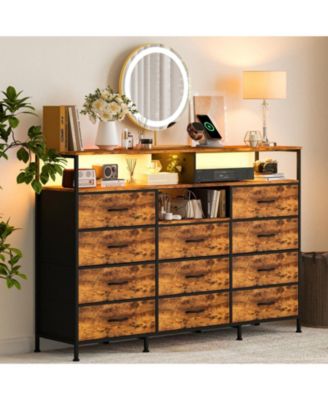 11 Drawer Fabric Dresser with LED Lights and Power Outlet, Storage Cabinet with Open Shelves