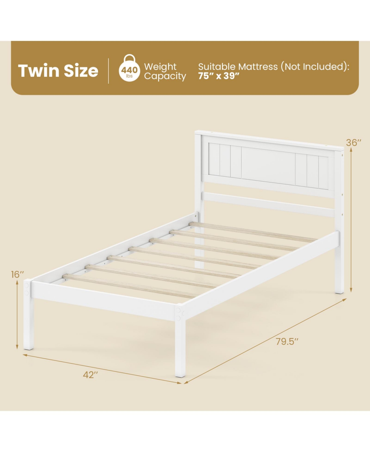 Slickblue Wooden Platform Bed Frame with Headboard and Slat Support