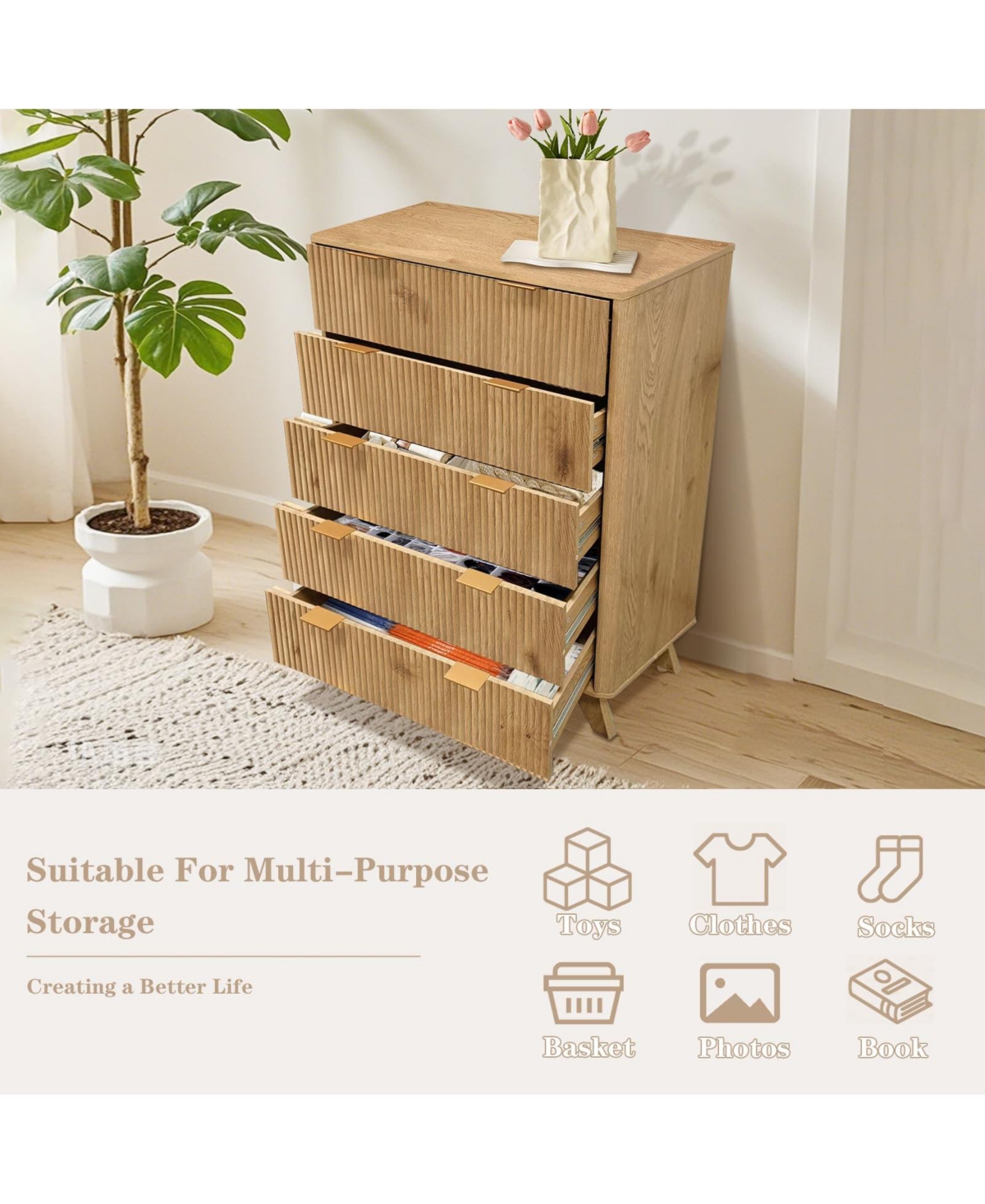 gaomon 5 Drawer Fluted Dresser, 48" Tall Modern Wood Storage Chest
