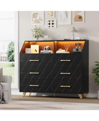 6 Drawer Dresser with Charging Station, Shelf and LED Light, 47 inches Modern Wooden Chest