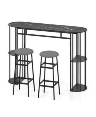 Dining Table with 2 Barstools, 60 Inch Faux Marble Top and Upholstered Seats