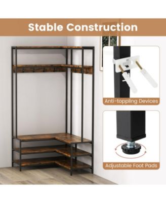 Wood Corner Hall Tree with Shoe Bench and Open Shelves