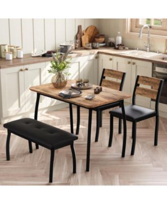 4-Piece Wooden Dining Table Set with 2 Cushioned Chairs and Upholstered Bench