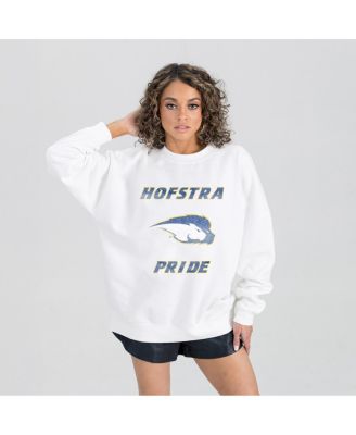 Women's White Hofstra University Pride Oversized Good Vibes Premium Fleece Drop Shoulder Pullover Sweatshirt