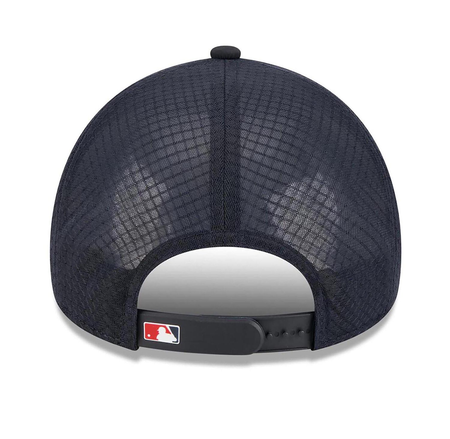 Men's Navy Los Angeles Angels 2026 Batting Practice Apex 9FORTY Adjustable Trucker Hat
