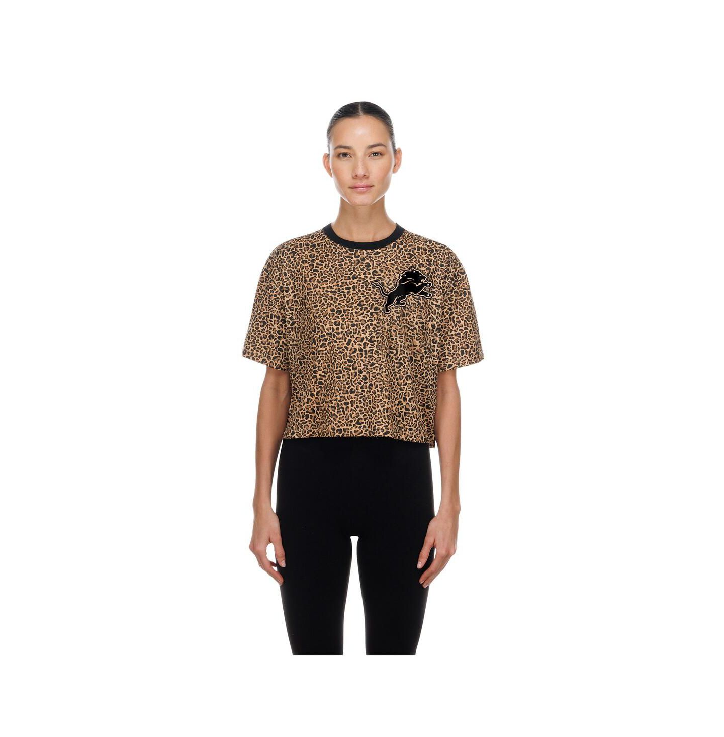 Женская футболка New Era Brown Detroit Lions Mom & Me Leopard Boxy Cropped — фото 1