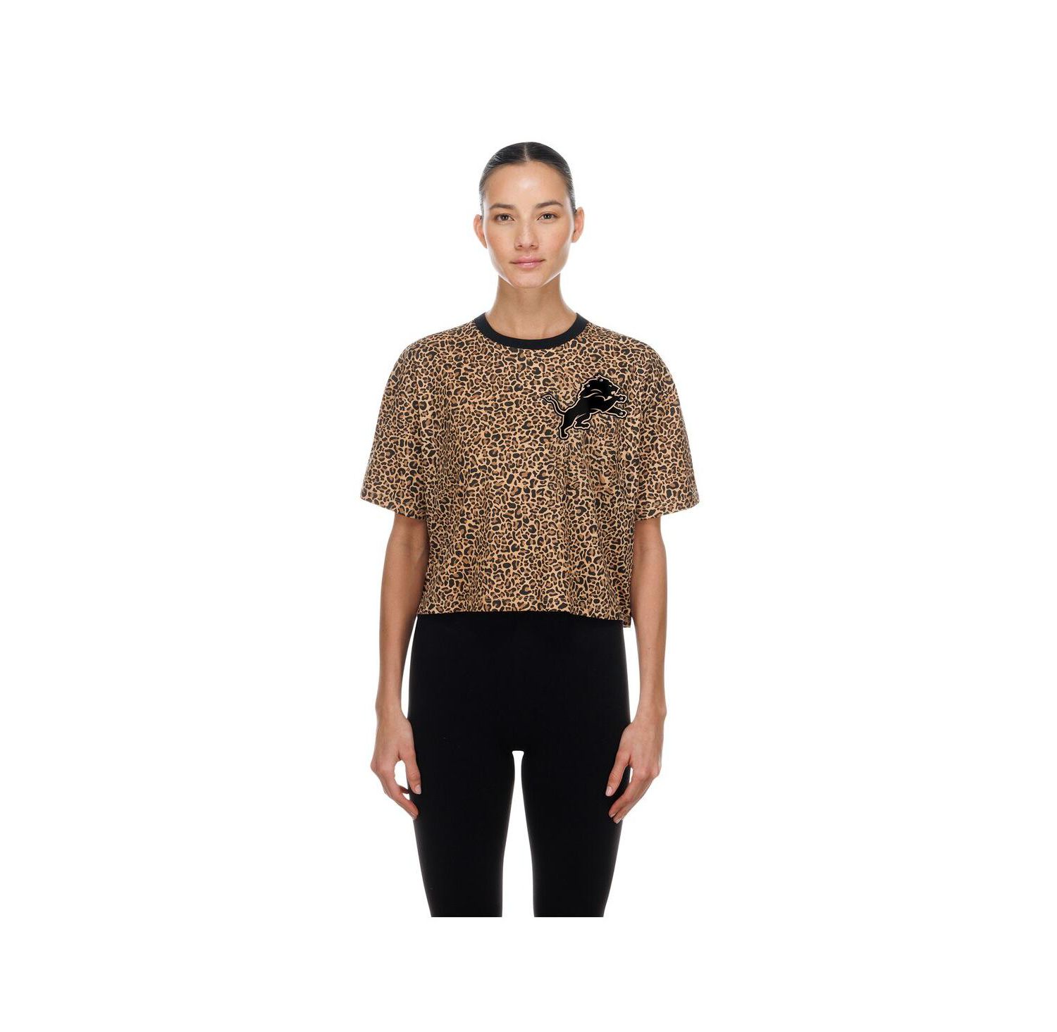 Women's Brown Detroit Lions Mom & Me Leopard Boxy Cropped T-Shirt