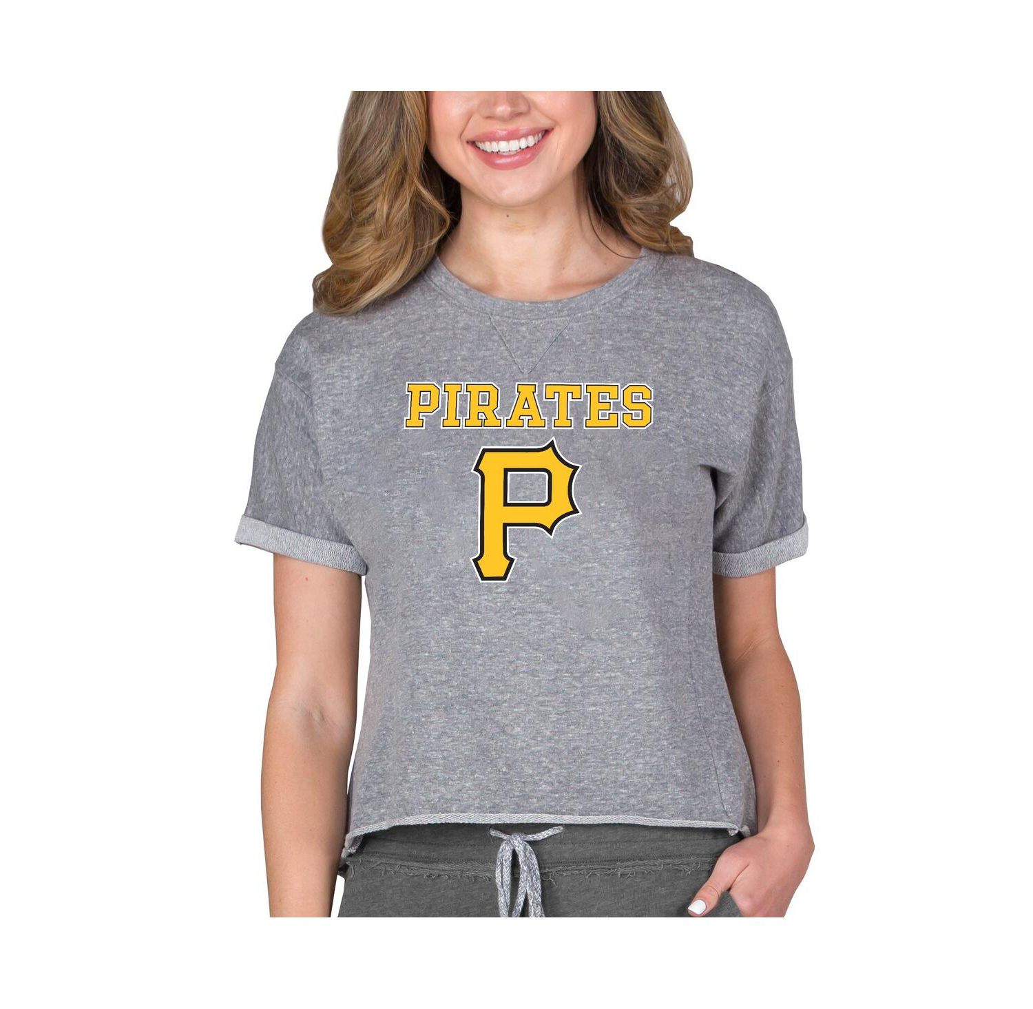 Women's Gray Pittsburgh Pirates Tri-Blend Mainstream Terry Short Sleeve Sweatshirt Top