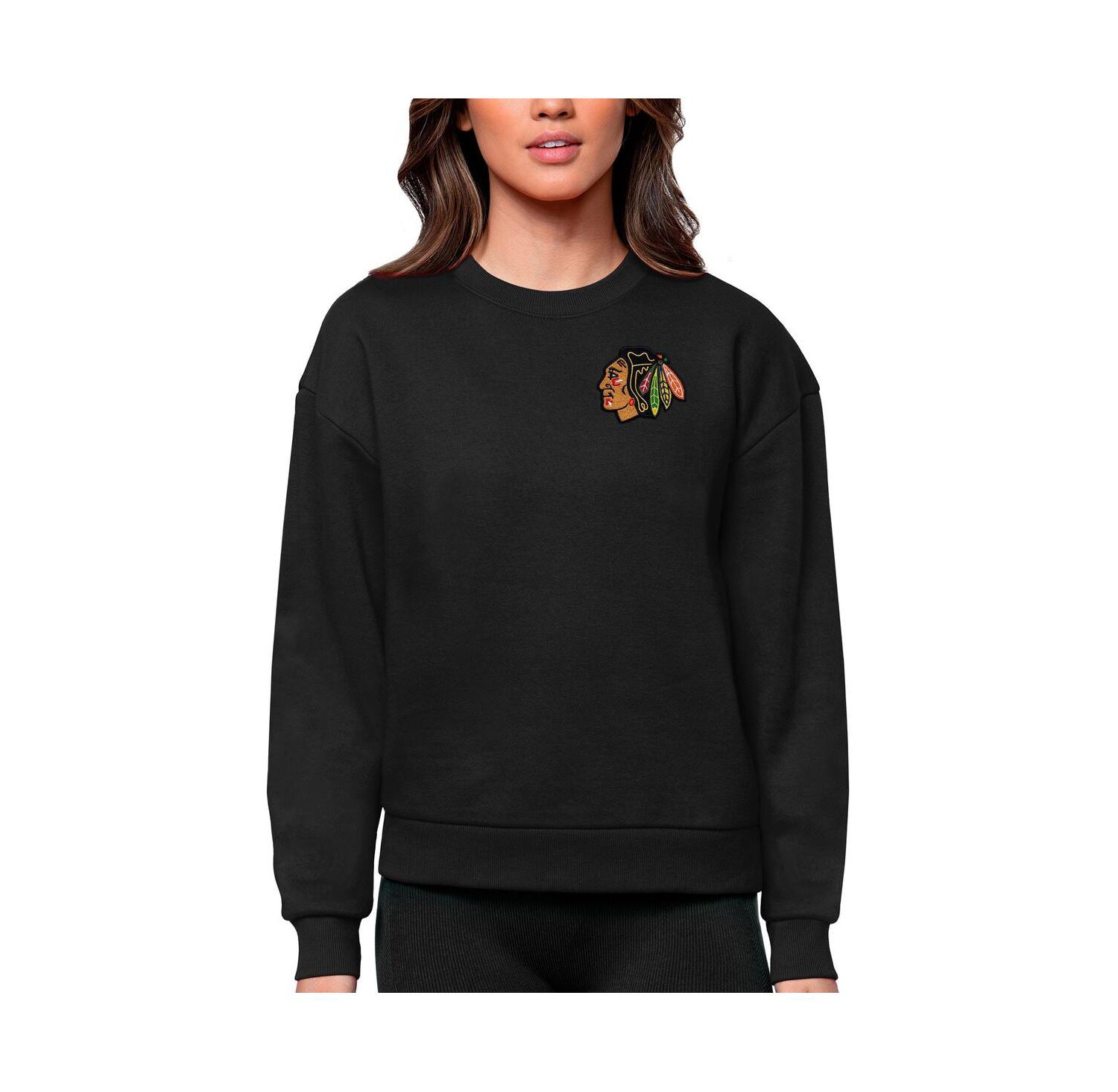 Women's Black Chicago Blackhawks Primary Logo Victory Crewneck Pullover Sweatshirt