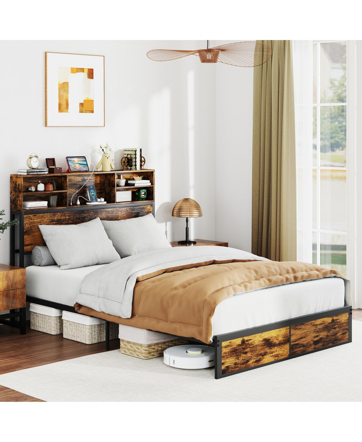 Slickblue Metal Platform Bed Frame with Storage Headboard