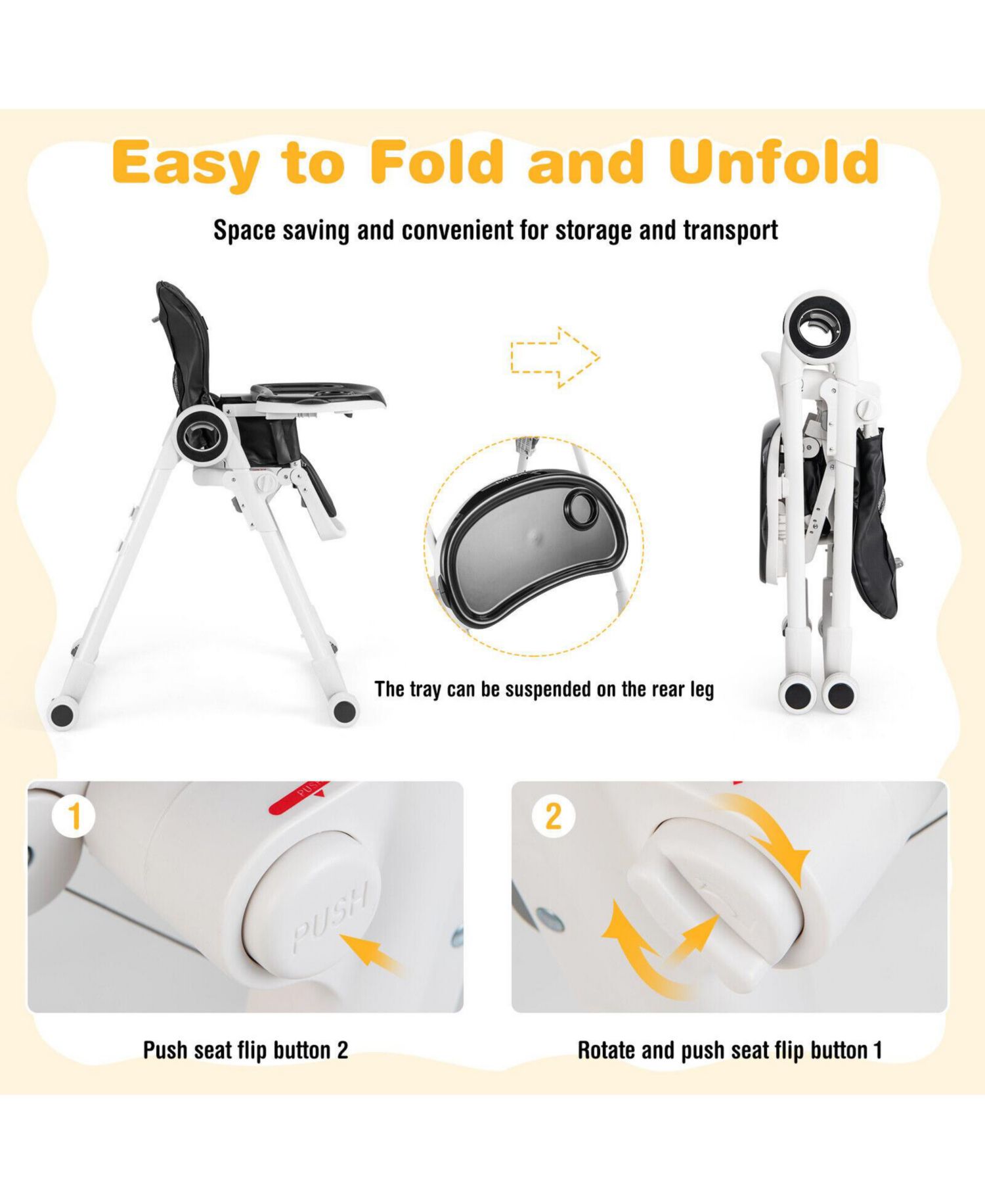 Baby Foldable High Chair with 4 Lockable Wheels and Double Tray
