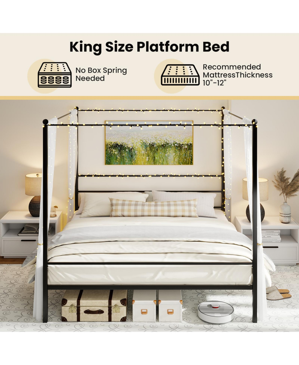 Slickblue Canopy Bed Frame Metal with Slat Support, Durable Platform Bed for Bedroom
