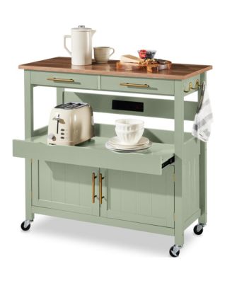 36in Large Rolling Kitchen Island Cart, 2-Door Cabinet, Outlet, Hooks, and Wheels