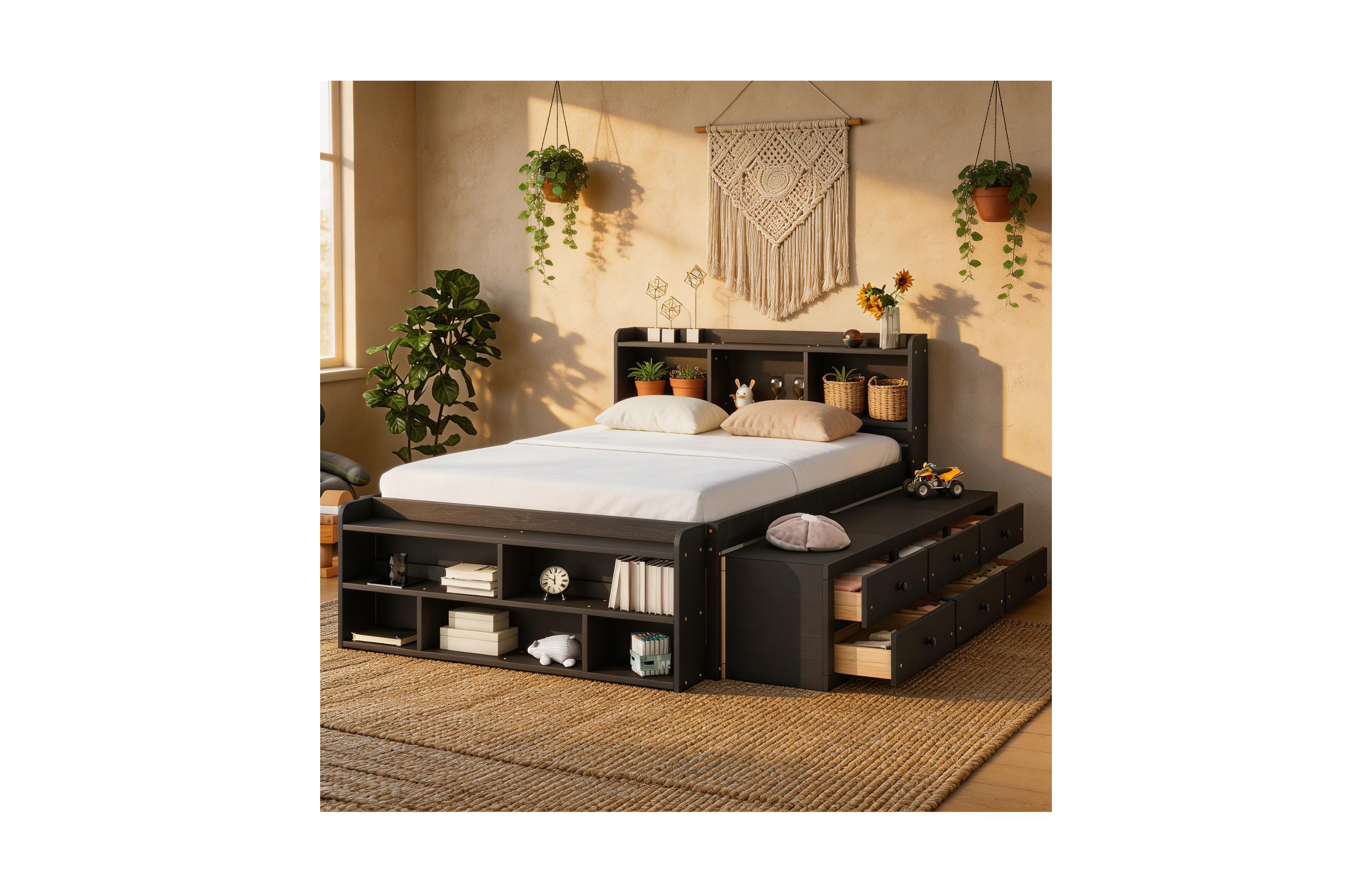 Sailvan Full Platform Bed Frame with Bookcase Headboard, 6 Storage Drawers and End Case