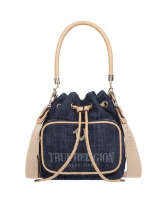 Bryce Denim and PU Bucket Bag - Women s Designer Drawstring Bucket Handbag with Crossbody Strap