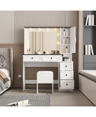  LED Lighted Vanity Desk Set with Charging Station - Wooden Makeup Table with 5 Drawers and Cabinet, Adjustable 3-Color Mirror, Comfort Stool