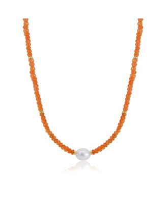 Carnelian Bead Pearl Necklace 14K  Gold