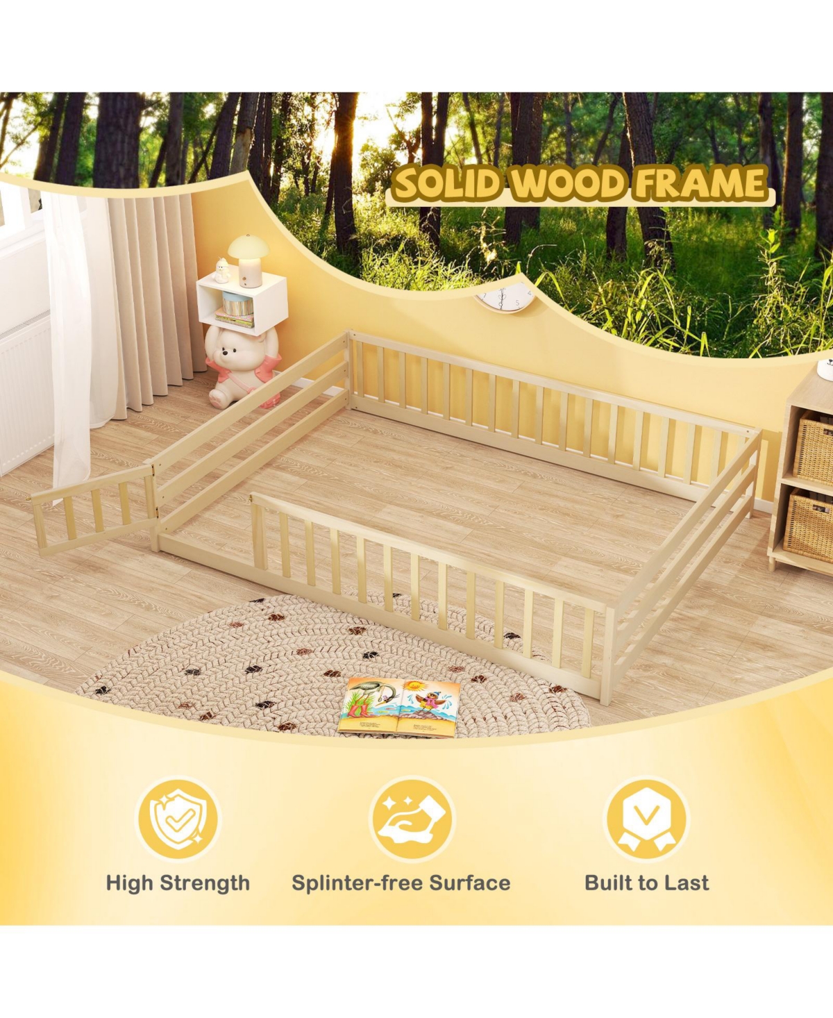 Slickblue Kids Floor Bed with Full Safety Guardrails, Low Height Platform Frame