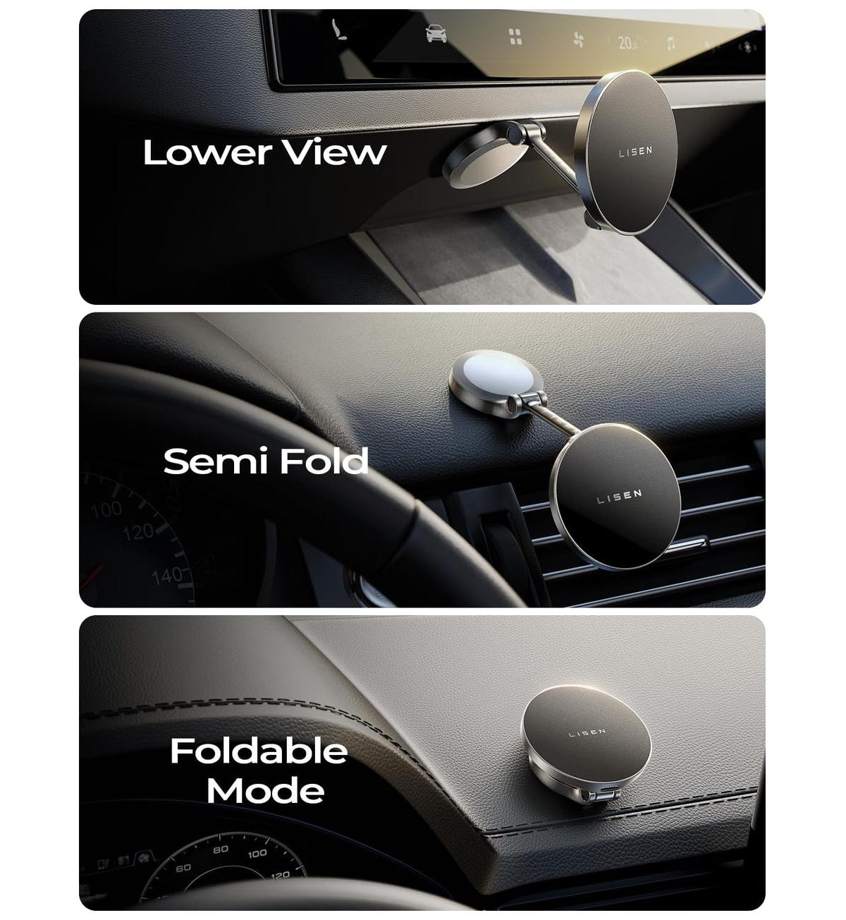 Lisen MagSafe Car Mount Charger, 15W Magnetic Wireless Phone Holder, Mini Dashboard Mount with Strong Adhesive for iPhone 17/16/15/14/13