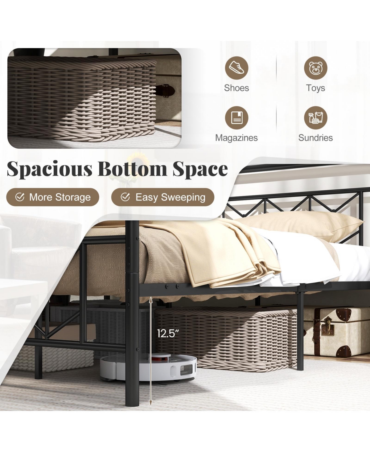 Slickblue Modern Platform Bed with Tall Headboard Secure Snap Lock Slats Design