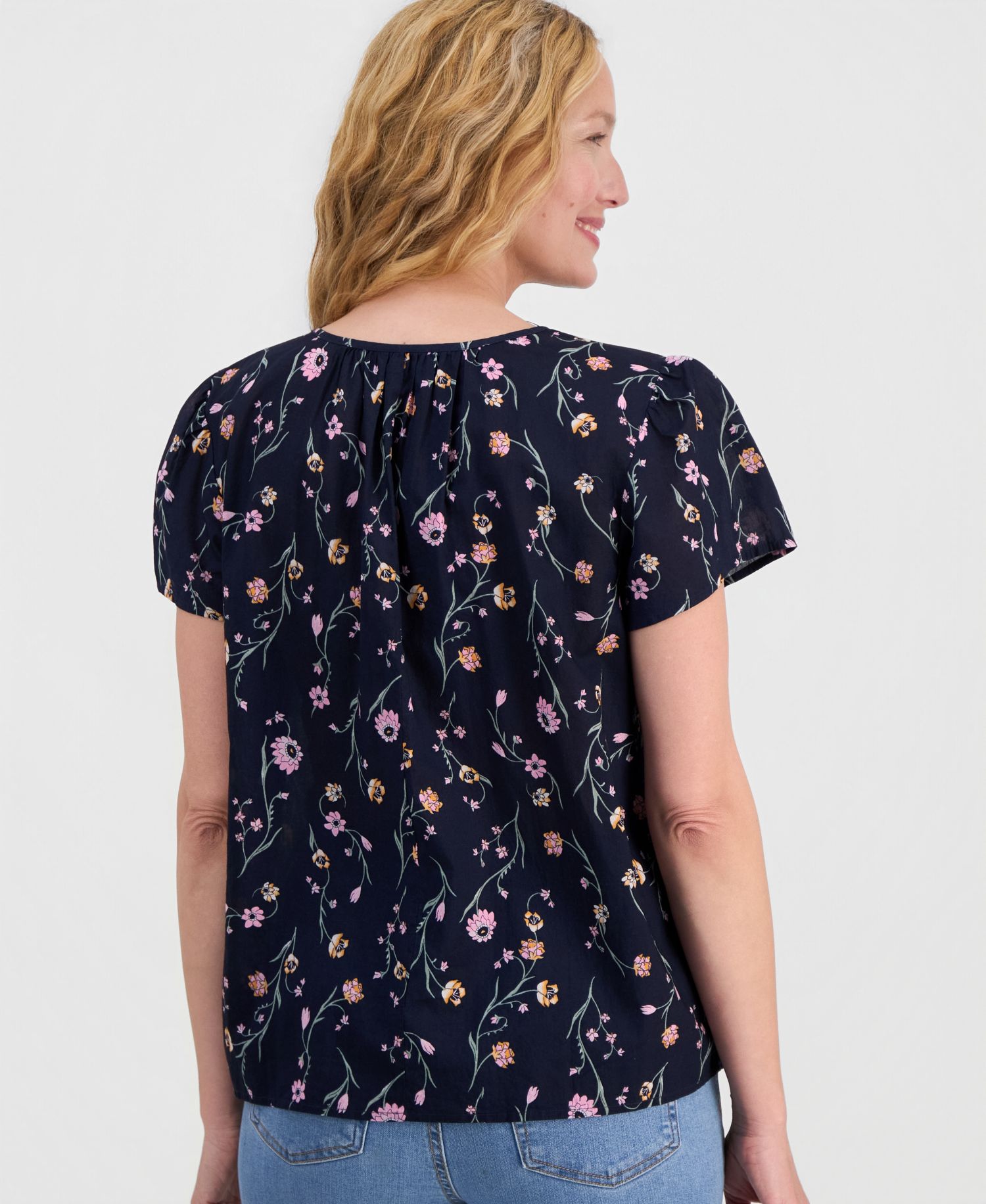 Petite Printed Cotton Pintuck Flutter-Sleeve Top
