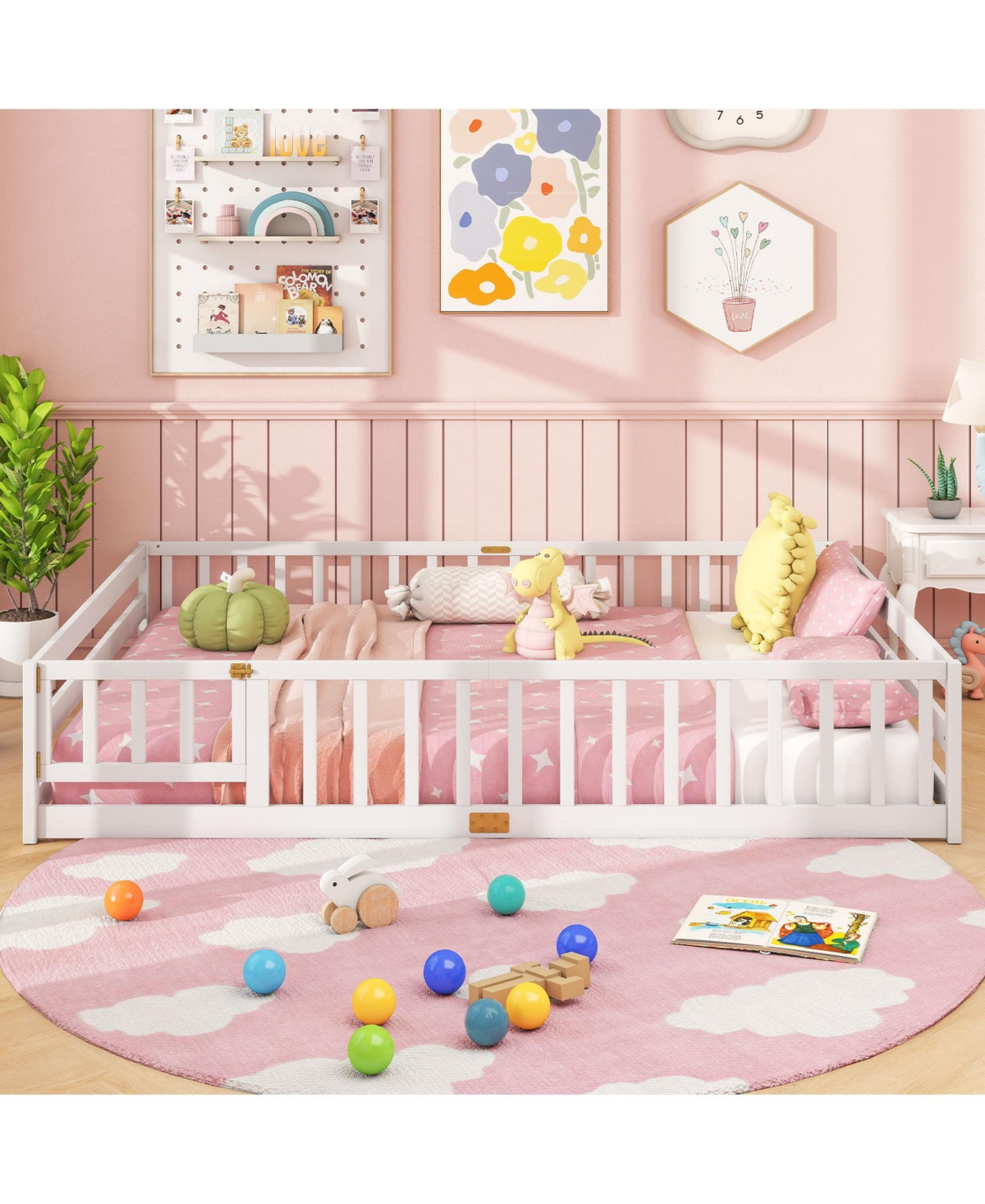 Slickblue Kids Floor Bed Frame with Full Length Guardrails, Montessori Style Safe Sleeping