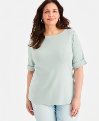 Women's Boat-Neck Elbow Sleeve Cotton Top, XS-4X