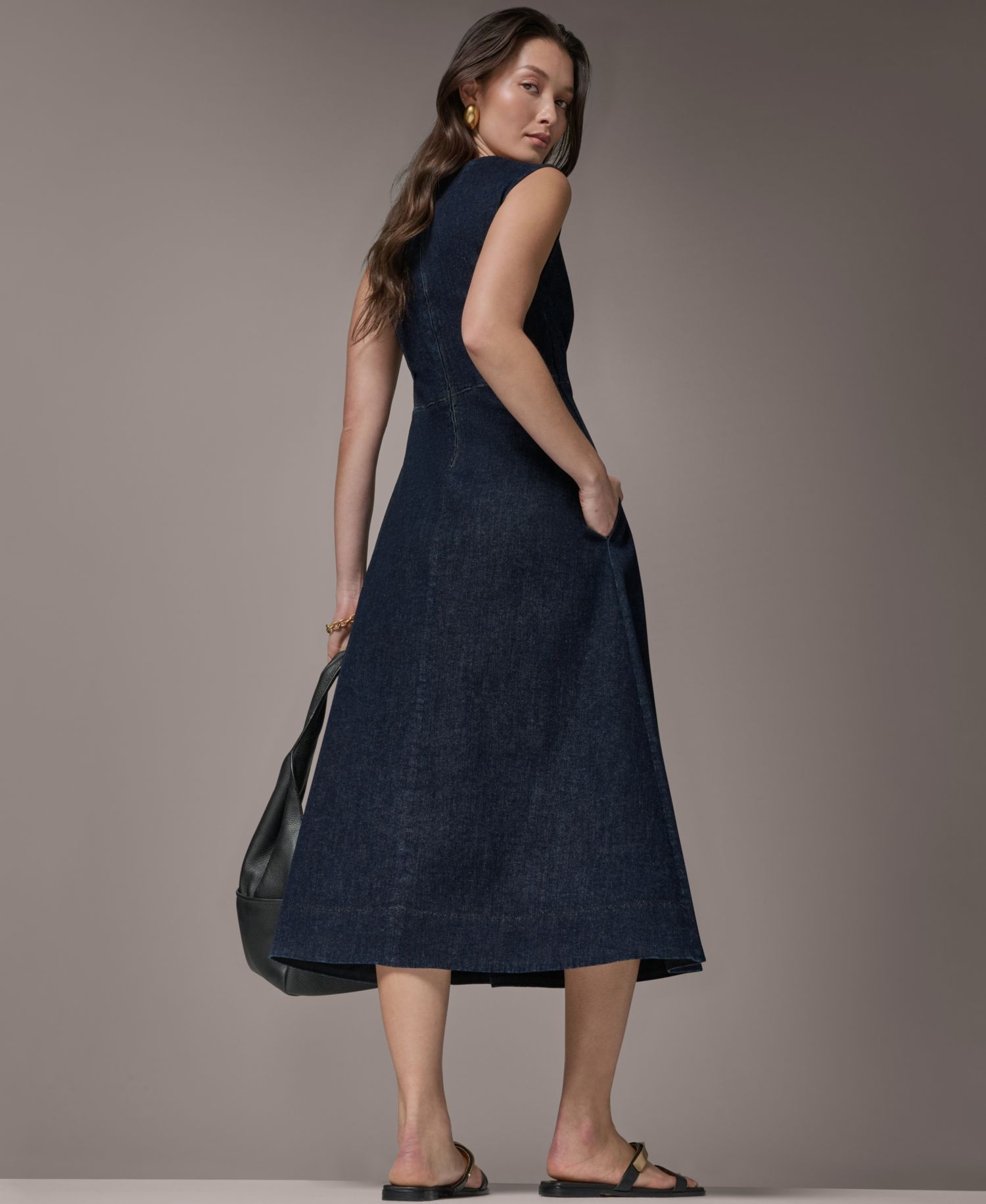 Women's Contrast Color Self-Belted V-Neck Midi Dress