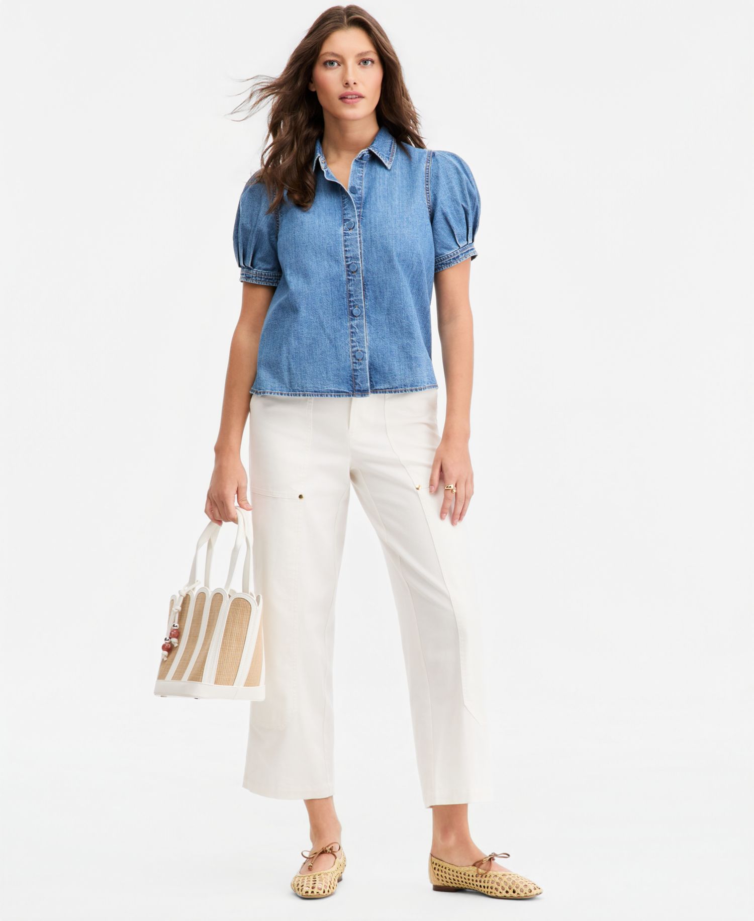 Women's Cotton Puffed-Sleeve Denim Shirt