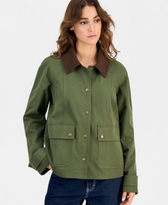 Juniors' Contrast-Collar Snap-Front Barn Jacket