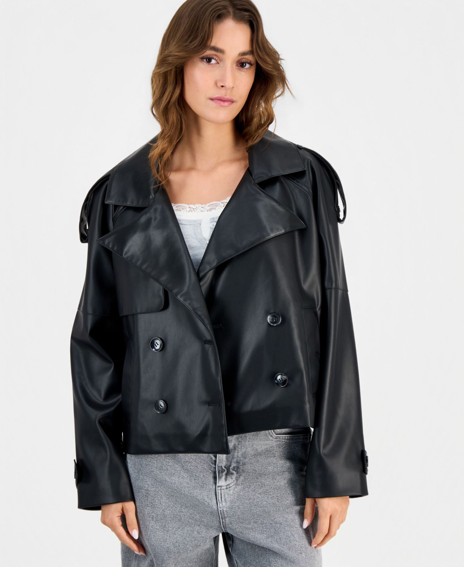 Juniors' Cropped Double-Breasted Faux-Leather Trench Coat
