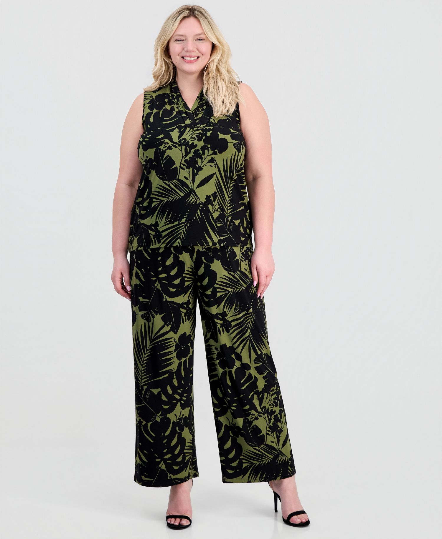 Plus Size Printed Triple-Pleat V-Neck Top