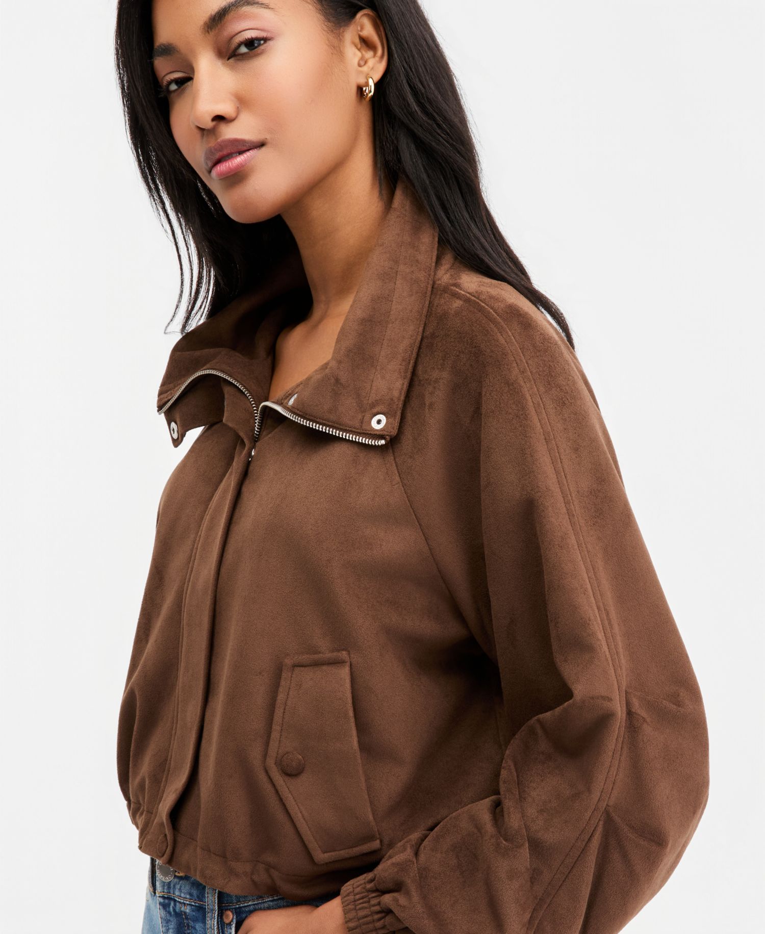 Women's Faux-Suede High Collar Utility Jacket