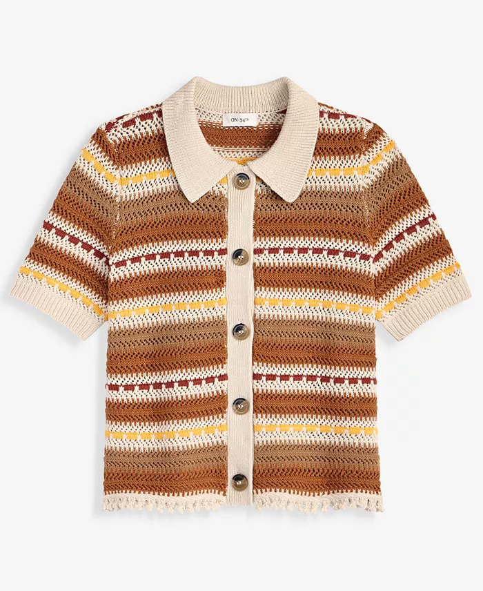 Women's Textured Stripe Short-Sleeve Collared Cardigan - thumbnail 6