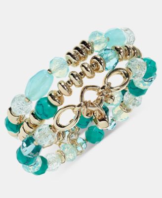 Gold-Tone 3-Pc. Beaded Stone Charm Stretch Bracelet