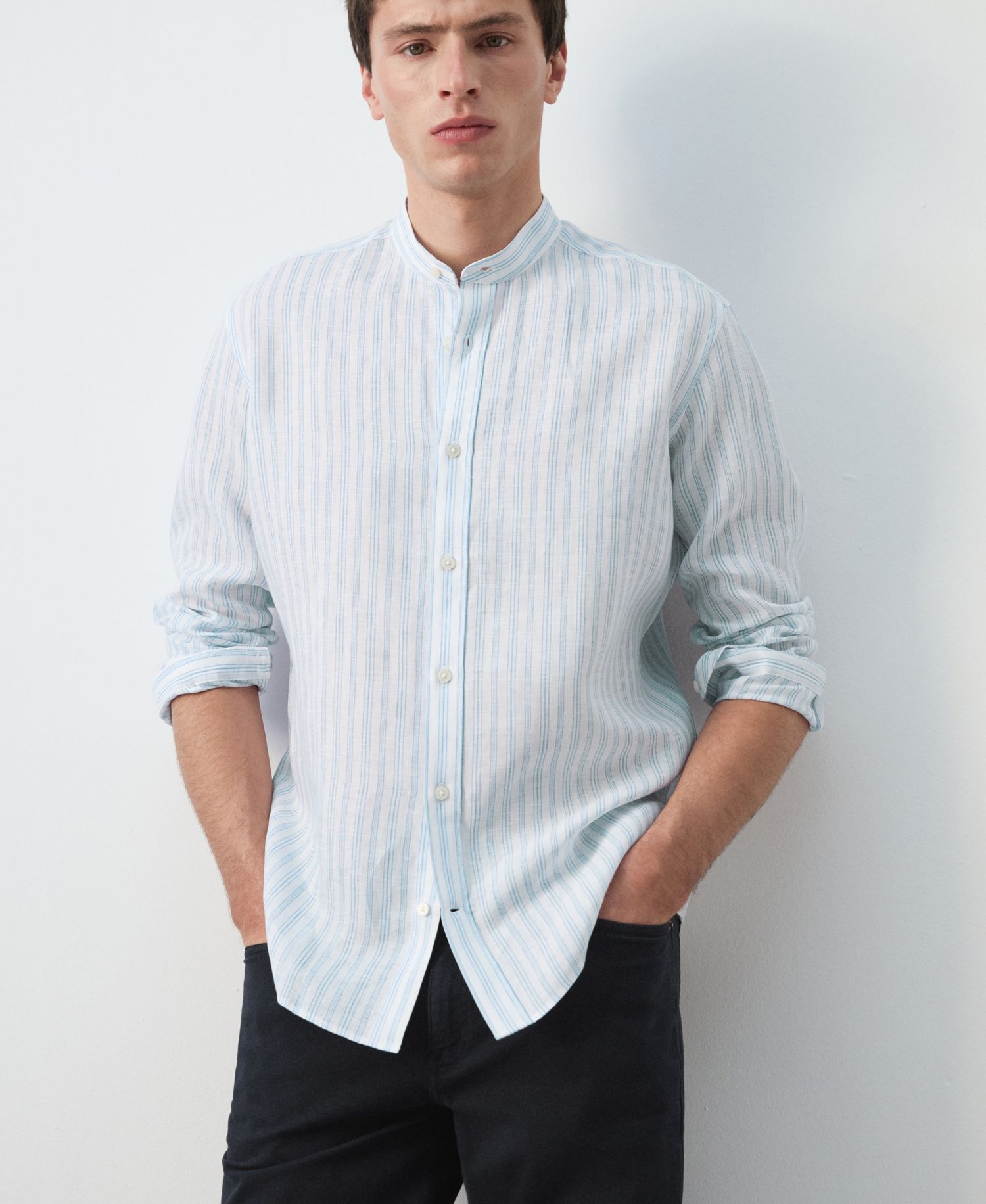 Men's Mandarin Collar Striped Shirt
