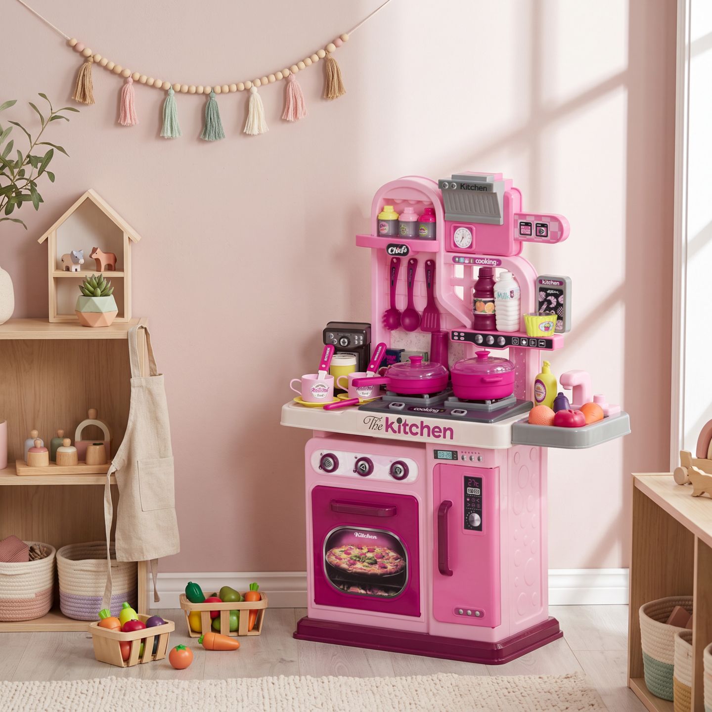 Детская игрушка Qaba Kids Play Kitchen with Lights, Sounds, 33 Accessories, Storage, цвет: Розовый — фото 9