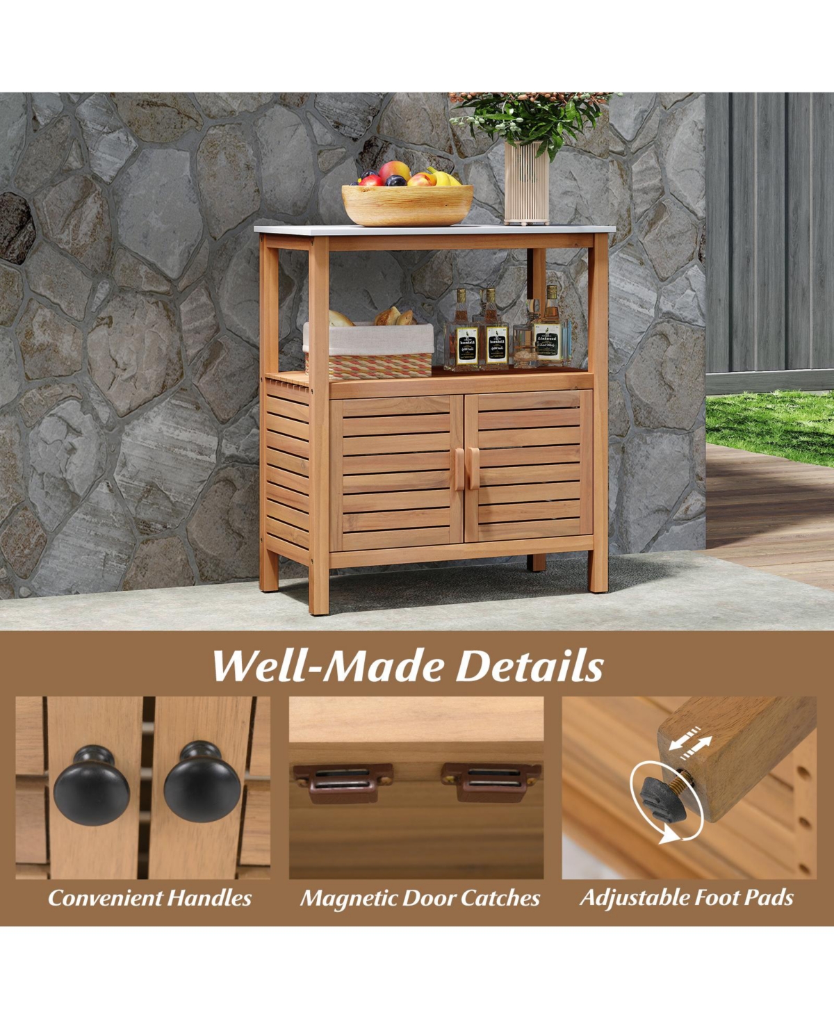 Gouun Acacia Wood Outdoor Potting Bench with Louvered Storage Cabinet, 31 in