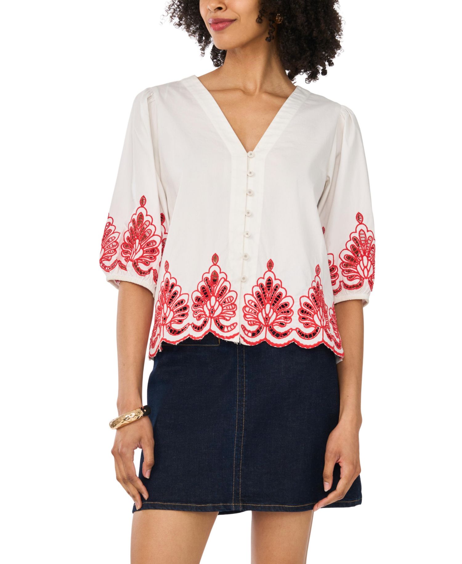 Women's Cotton Embroidery Hem V-Neck 3/4-Sleeve Button-Up Shirt